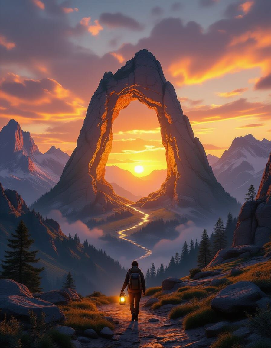 Fiery Lantern Mountain at Sunset: Cinematic 3D Art