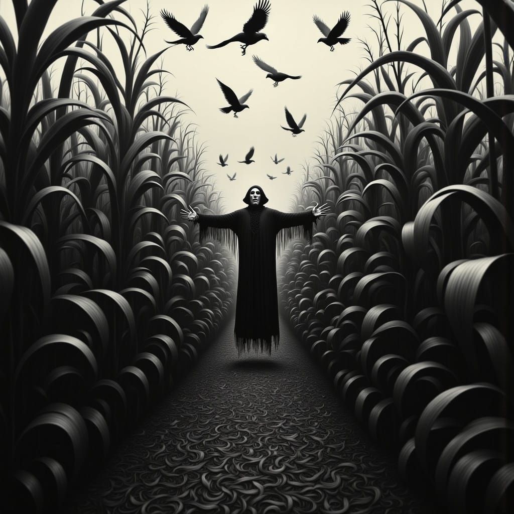 Creepy Scarecrow in Corn Maze with Crows