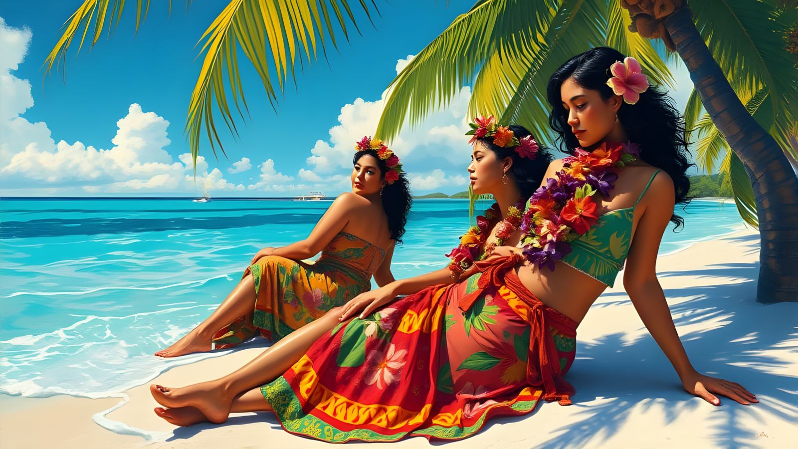 Tahitian Women in a Gauguin-Inspired Beach Scene