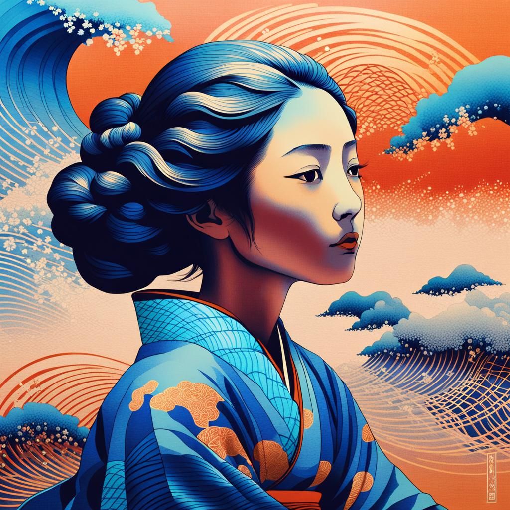Ethereal Kimono Woman: Ukiyo-e with Fractals