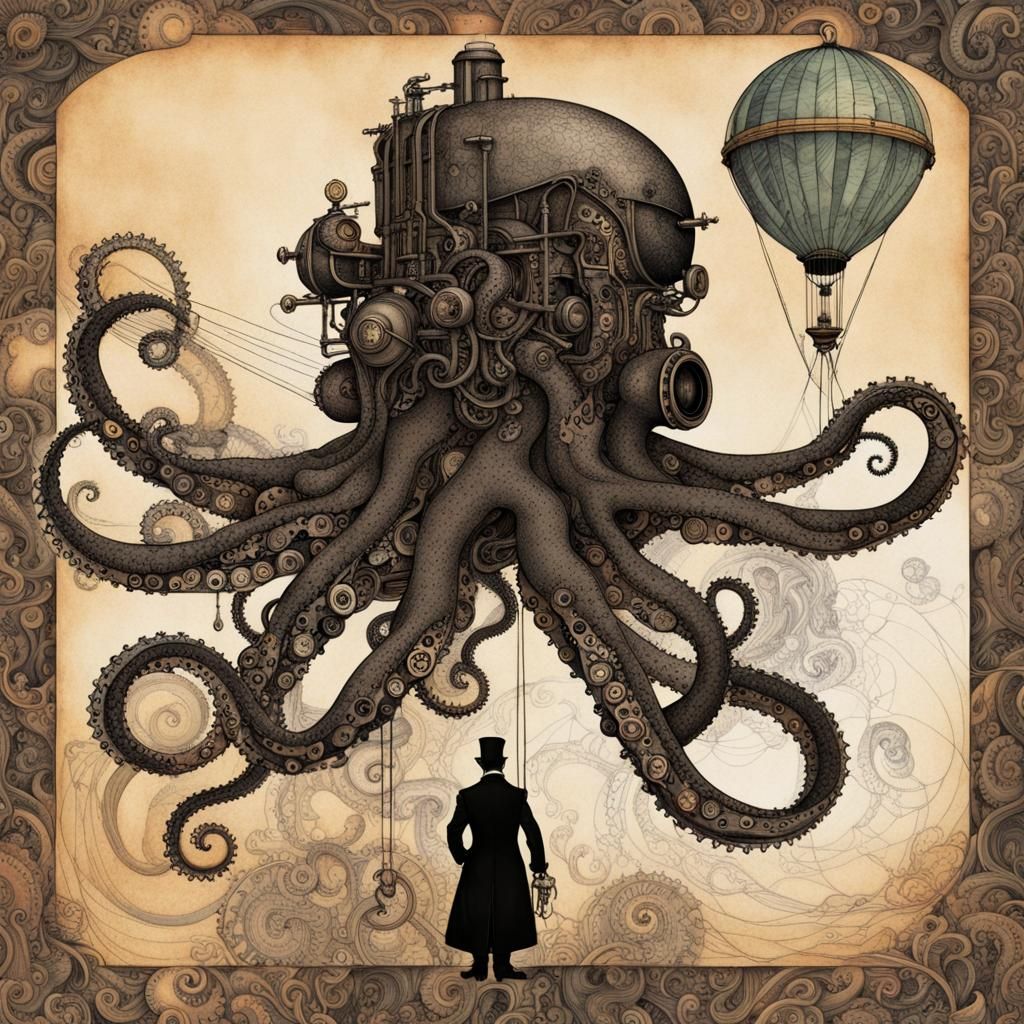 Steampunk Biomechanical Octopus Pen and Ink Illustration