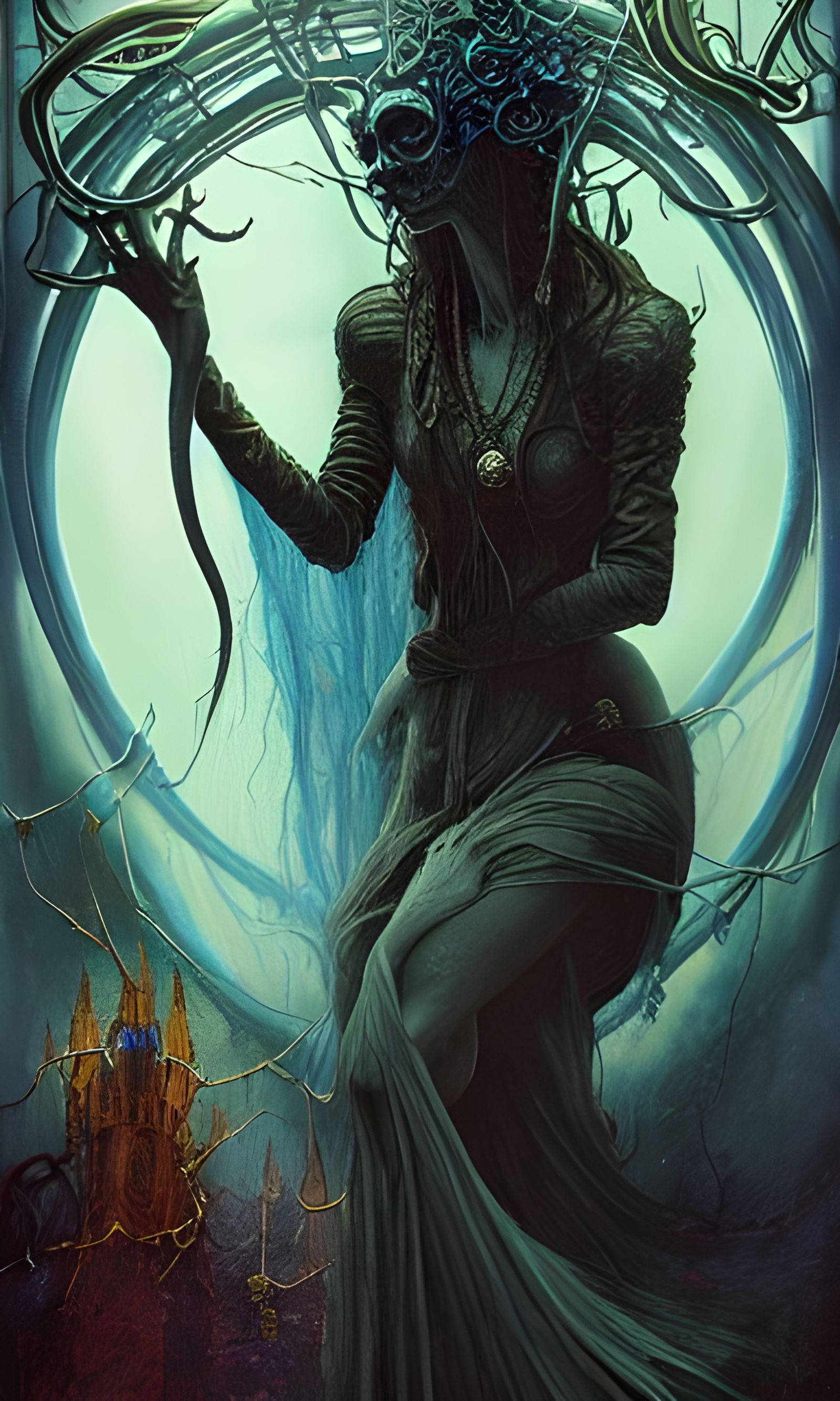 Eldritch High Priestess Tarot Card in Photorealistic Style