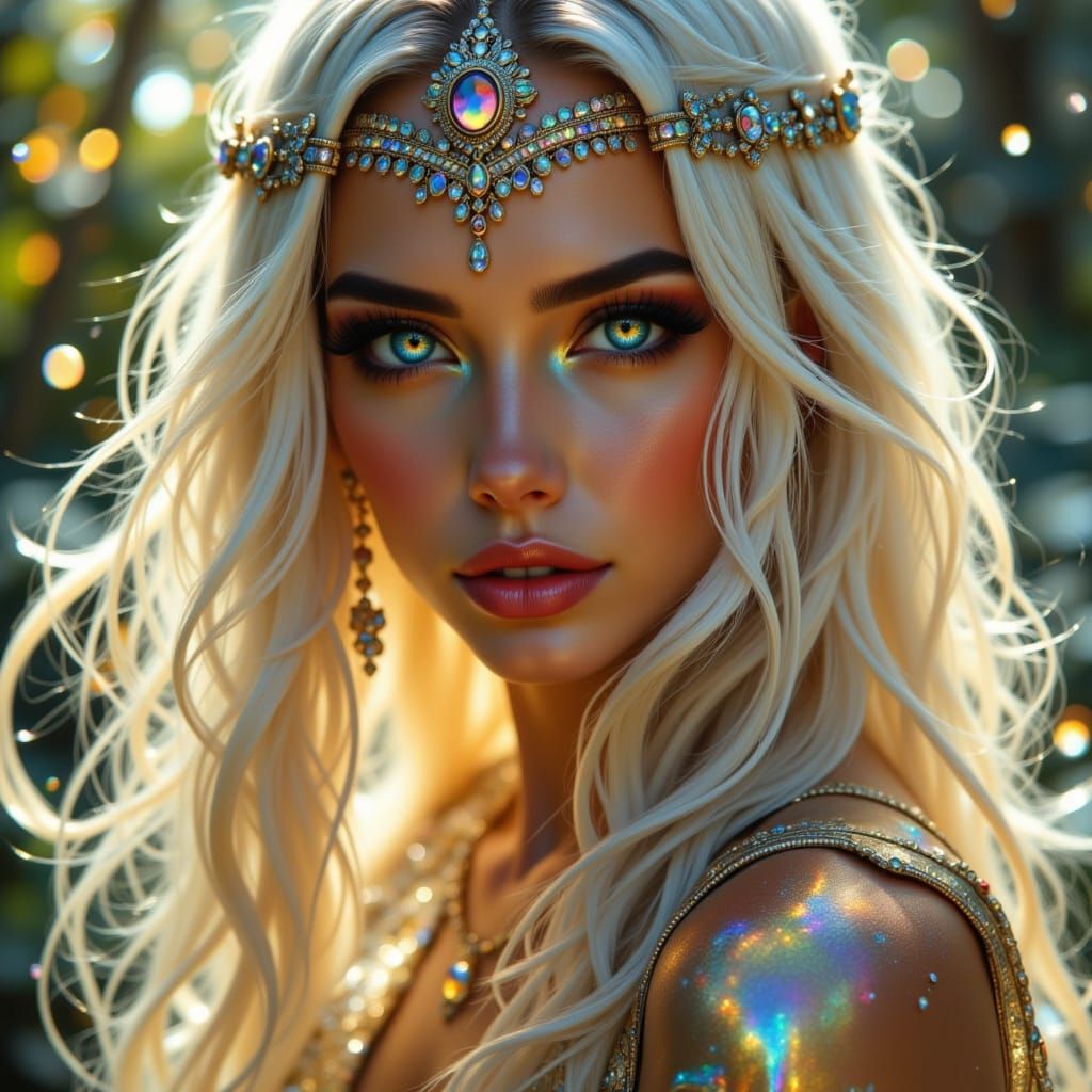 Fantasy Woman in Silver Gold Attire with Double Exposure Eff...