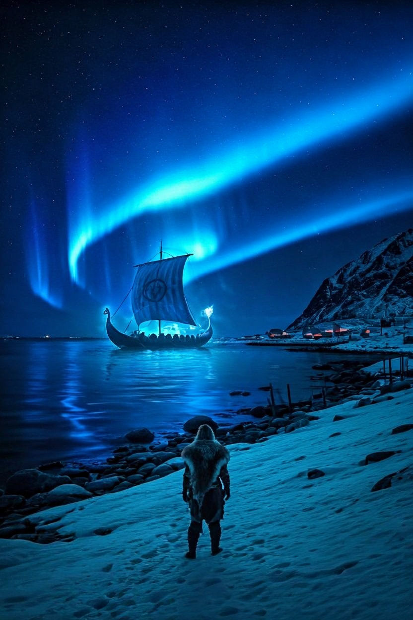 Apocalyptic Aurora Over Shattered Viking Village in Norway