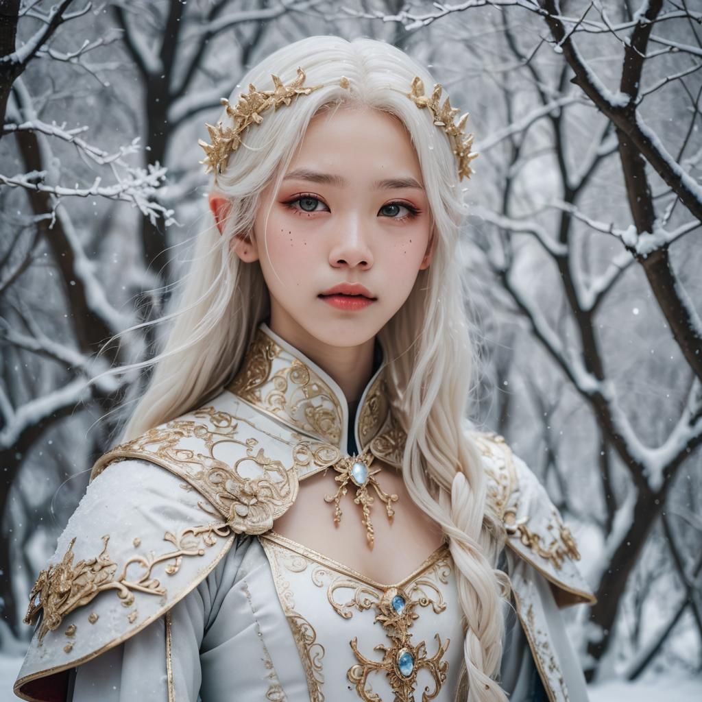 Albino Asian Man in Snow, Kawaii Anime Style