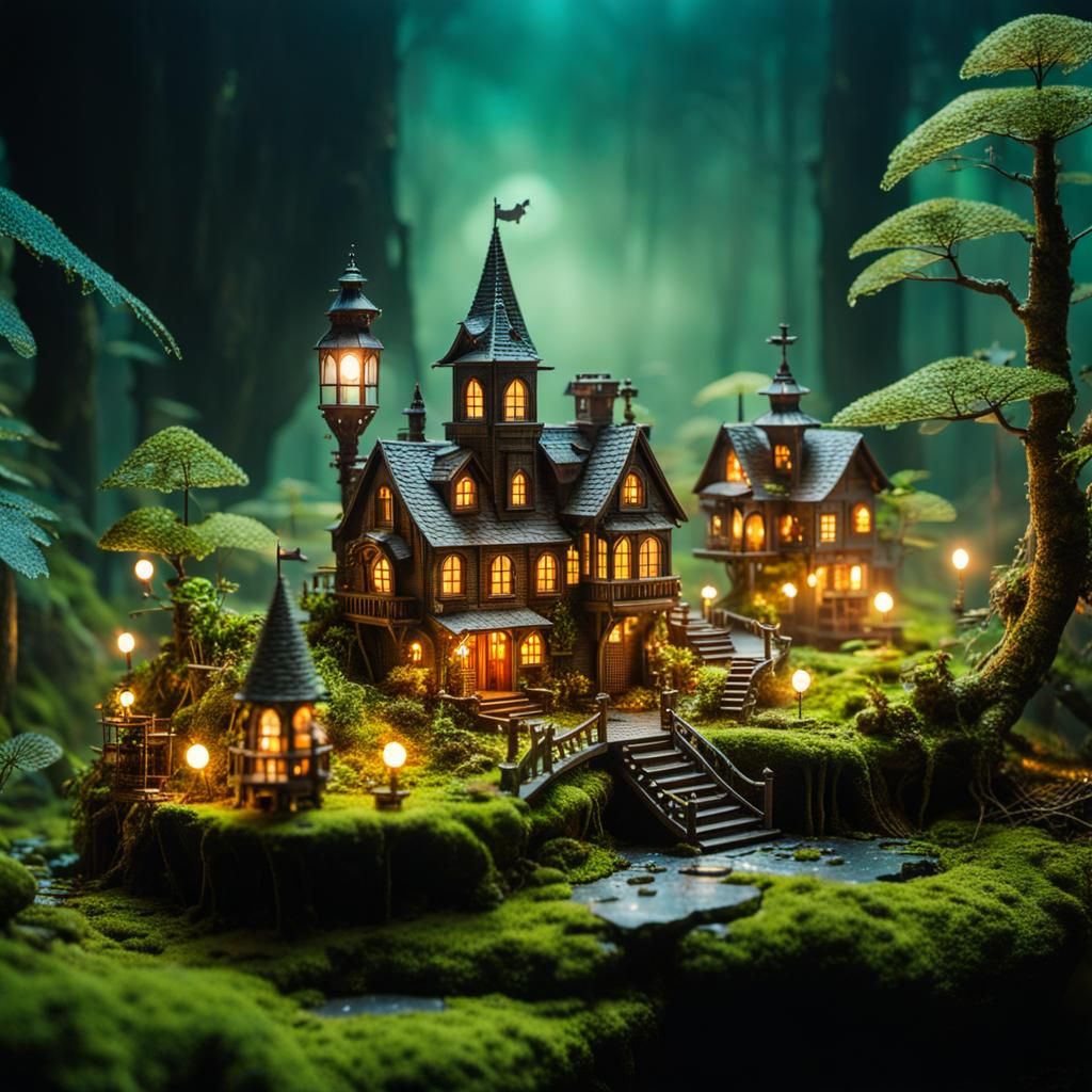 miniature village in a forest