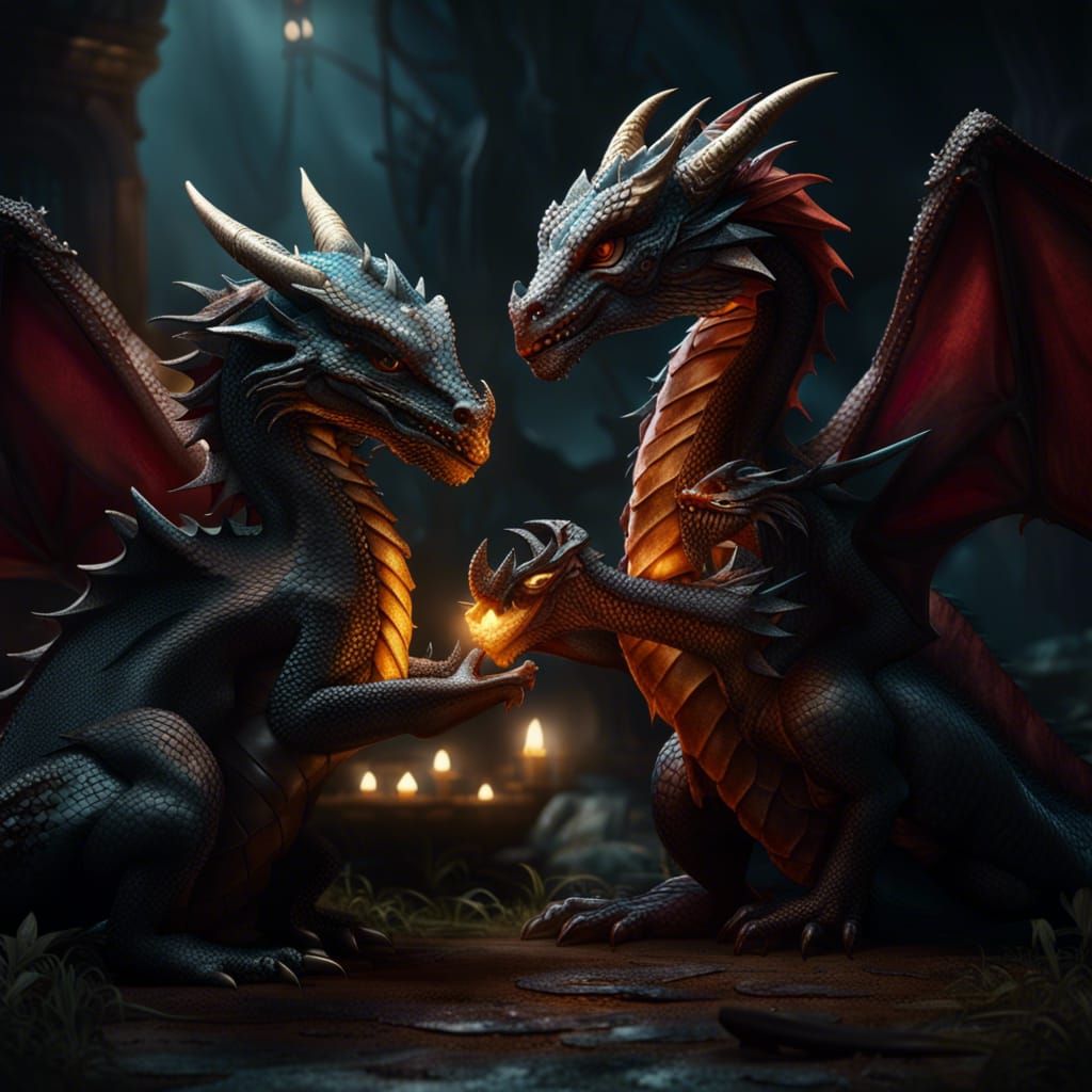 Loving Dragons with Baby: Dark Fantasy Concept Art