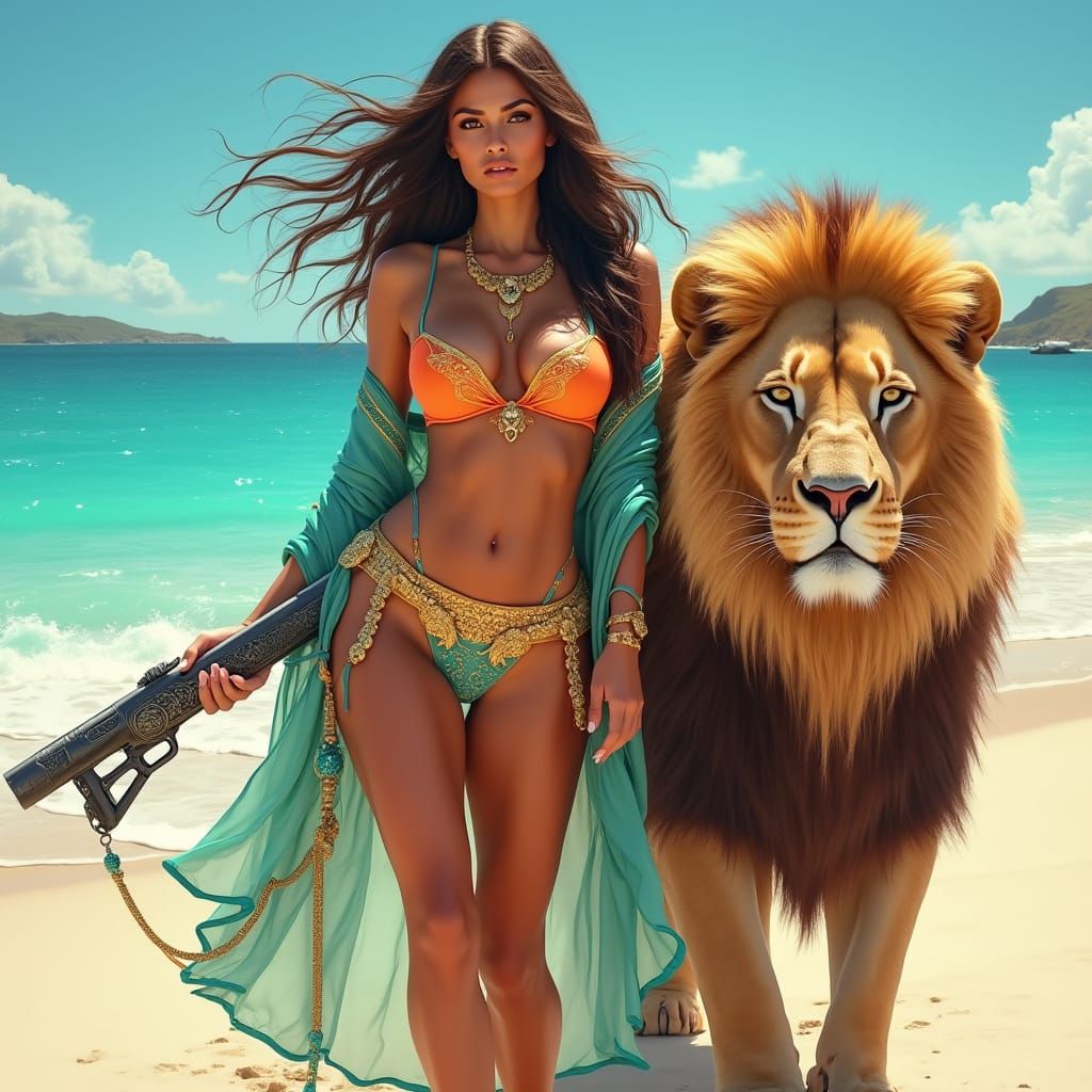 Confident Curvy Woman with Shotgun and Lion on Turquoise Bea...