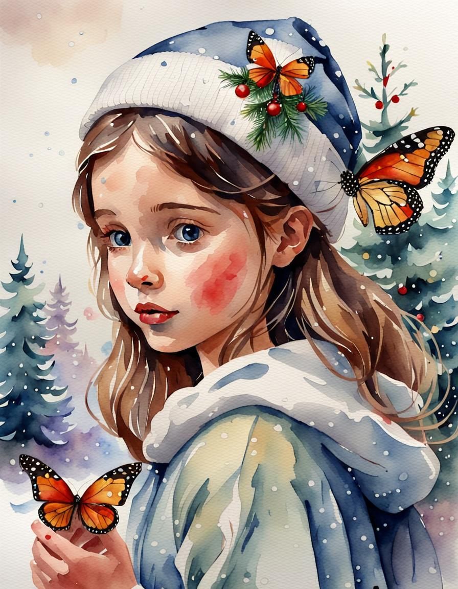 Christmas Watercolor: Girl with Butterfly