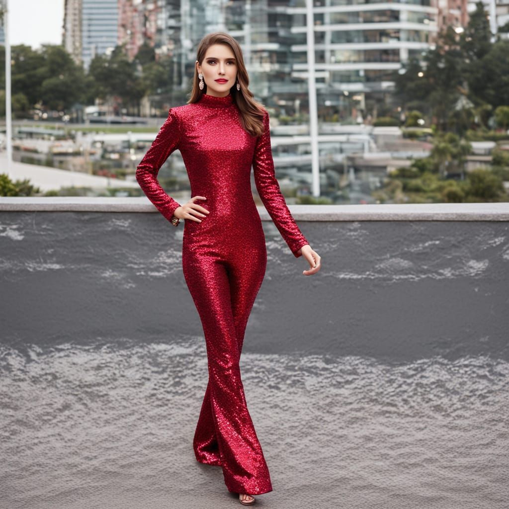 Rose Red Sequined Bell Bottom Outfit