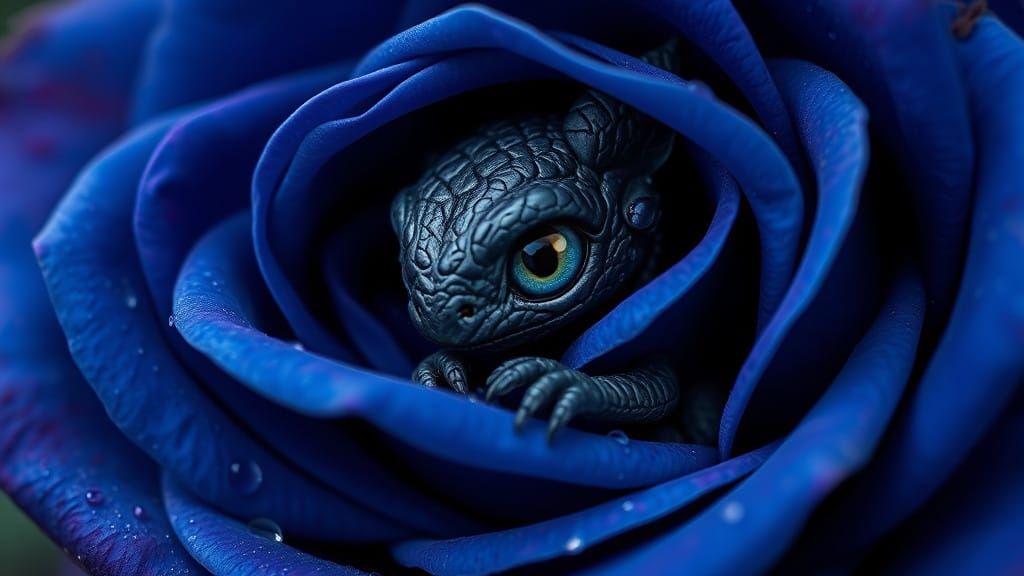 Delicate Black Dragon in a Blue Rose
