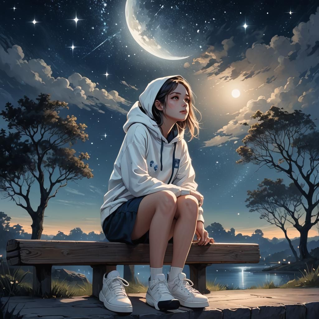 Girl Gazing at Starry Night Sky in Dreamy Illustration