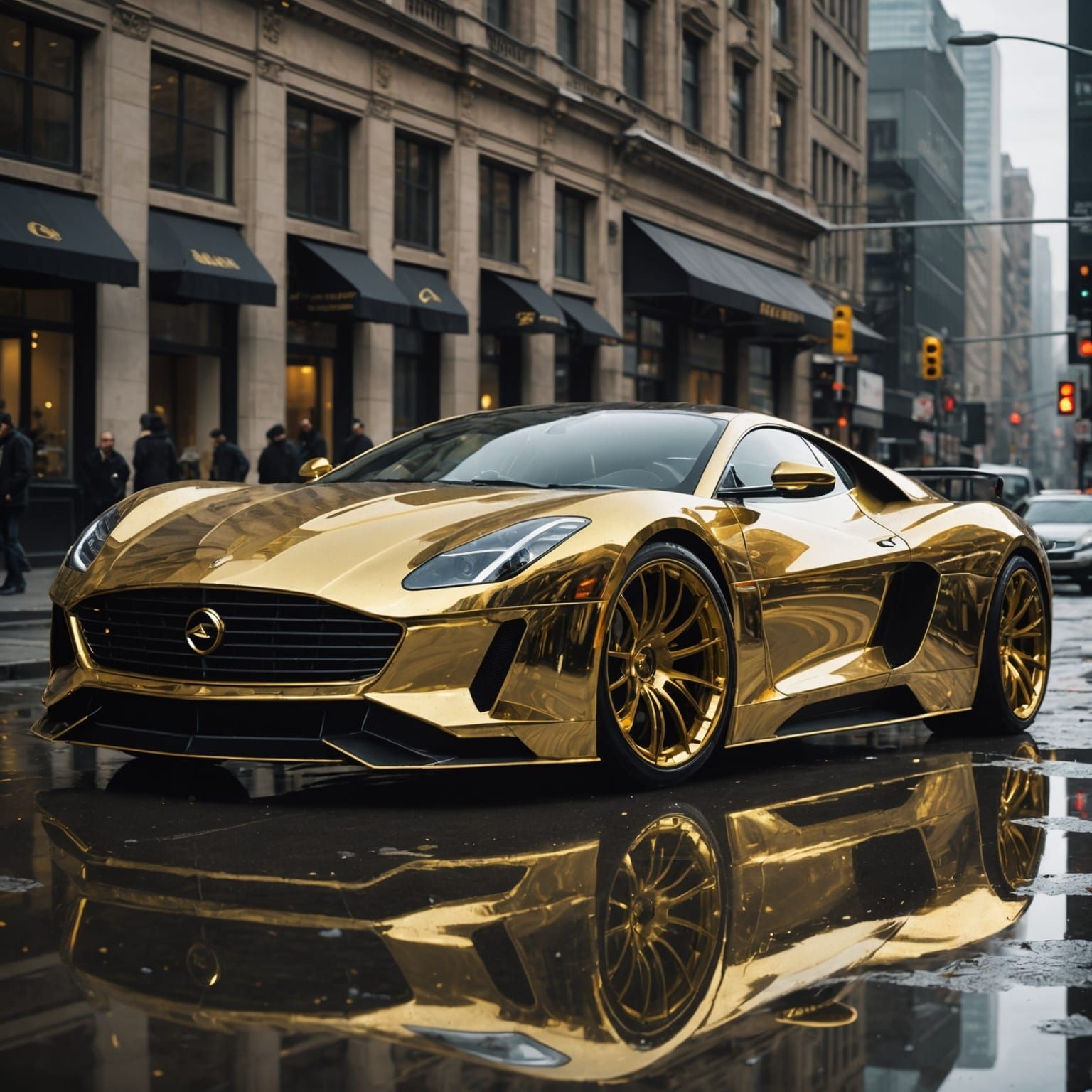 Gold-Plated Supercar in Dystopian Landscape