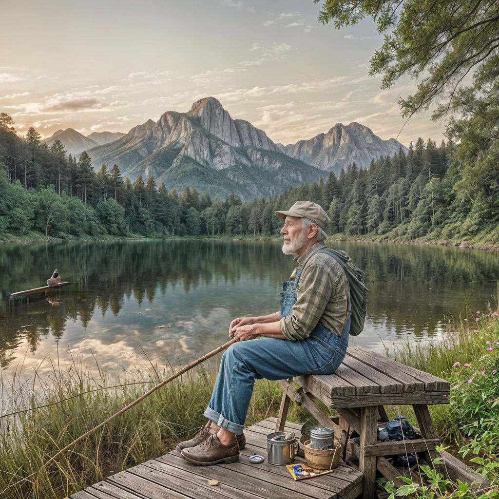Weathered Fisherman Reflects on Golden Years by Tranquil Lak...