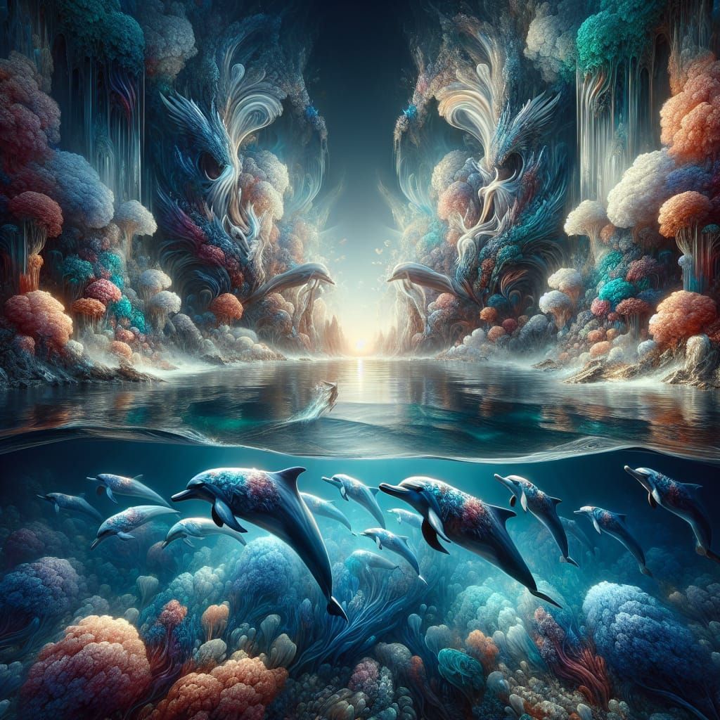Dolphins Diving in a Fantastical Matte Painting