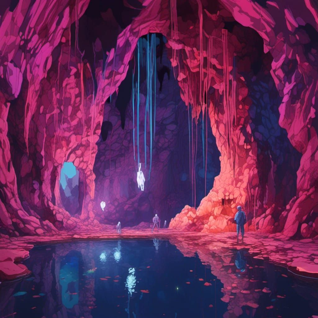 Alien Cave with Bioluminescent Pool, Cosmic Illustration