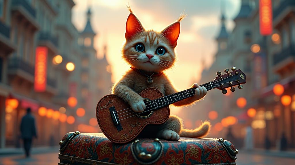 Street Music Cat in Dreamlike Cityscape