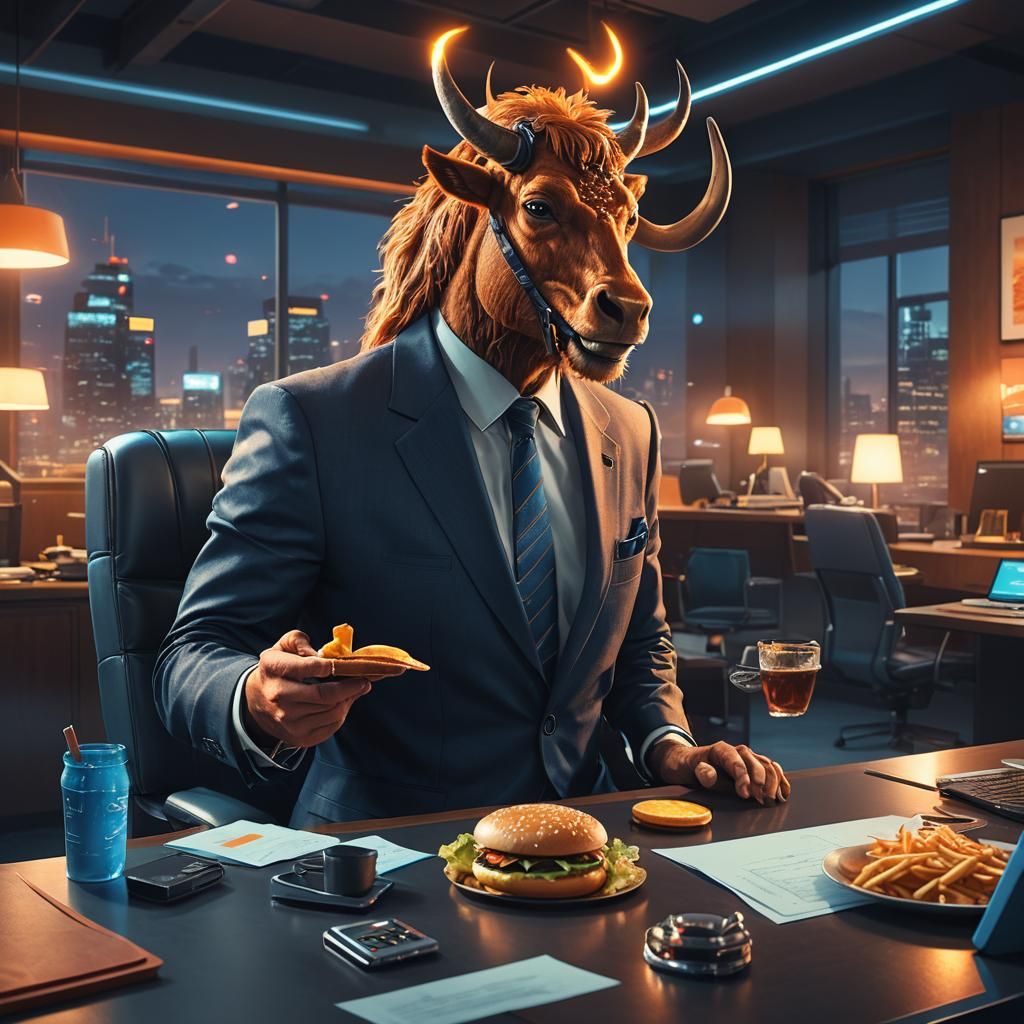 Centaur Businessman Eats Hamburger in Cyberpunk Office