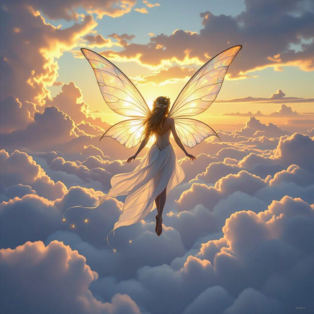 Graceful Fairy Above Clouds in Golden Hour Light