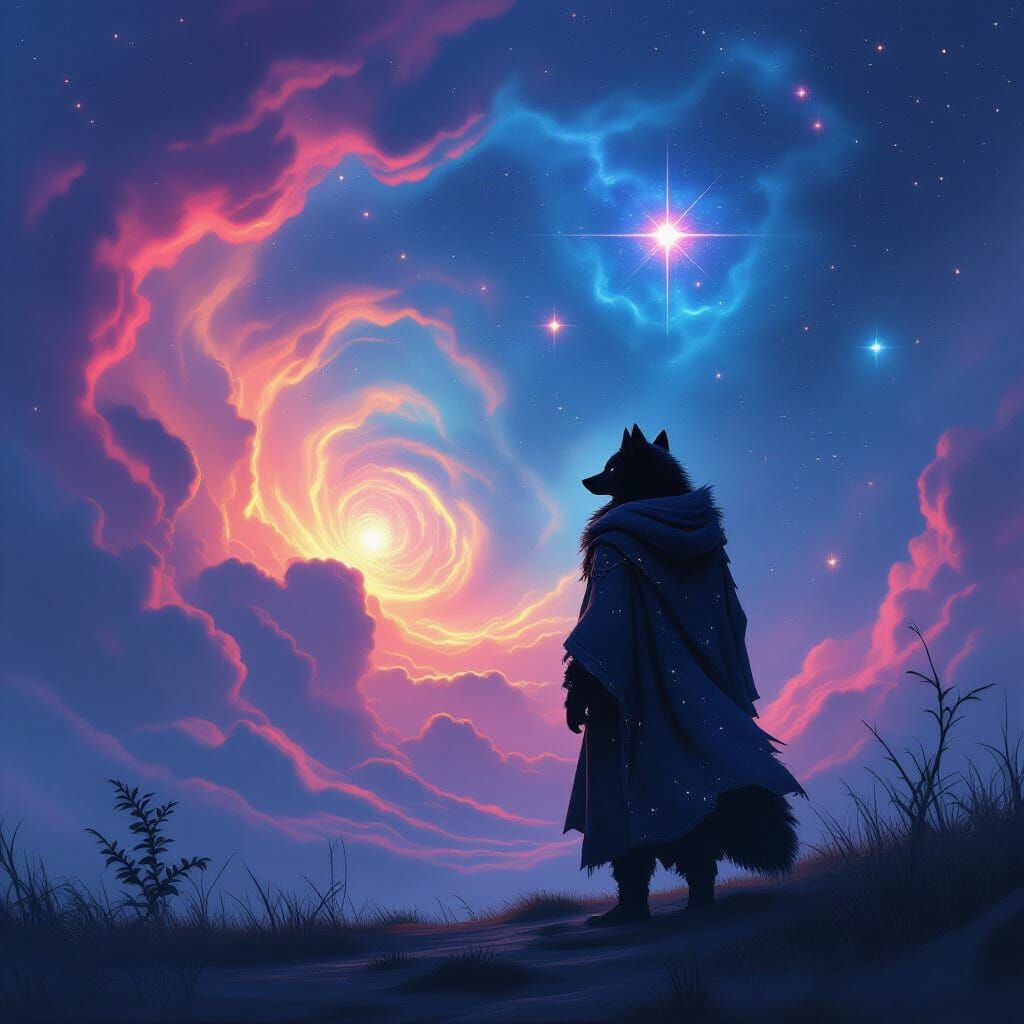 Cosmic Wolf Gazing at Distant Constellation