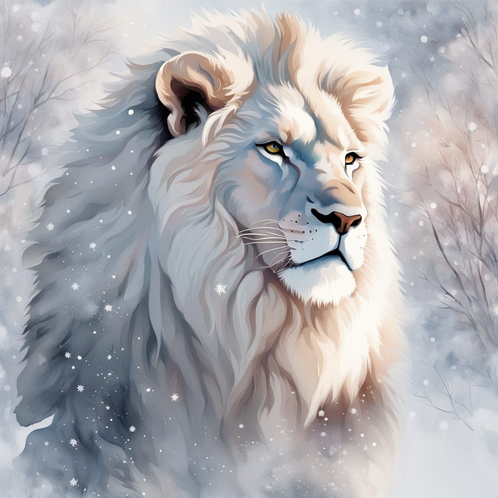 White Lion in Snow: A Minimalist Watercolor