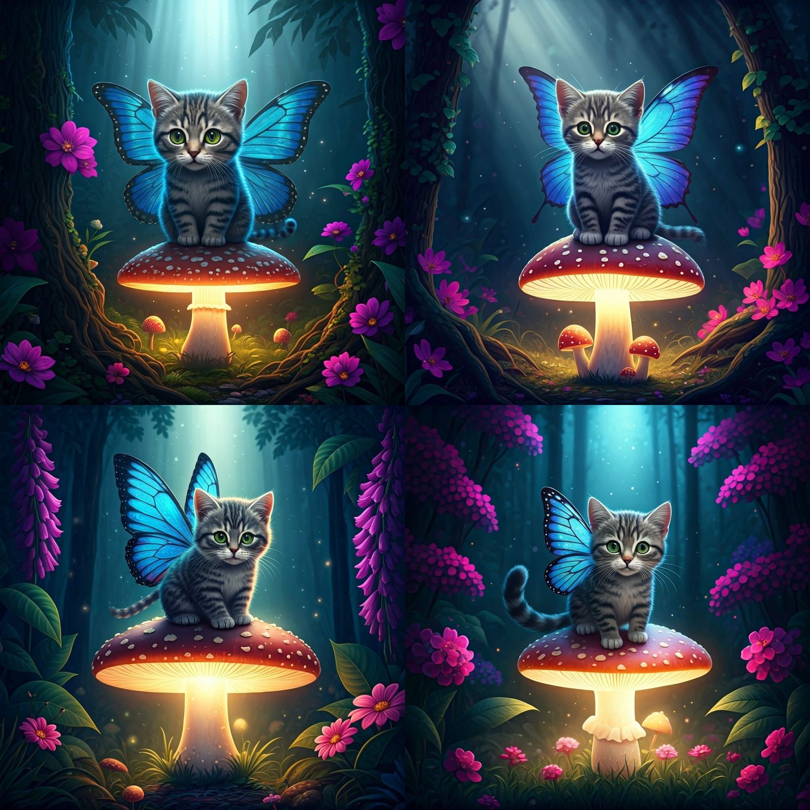Cat Fairy on Mushroom in Mystical Forest