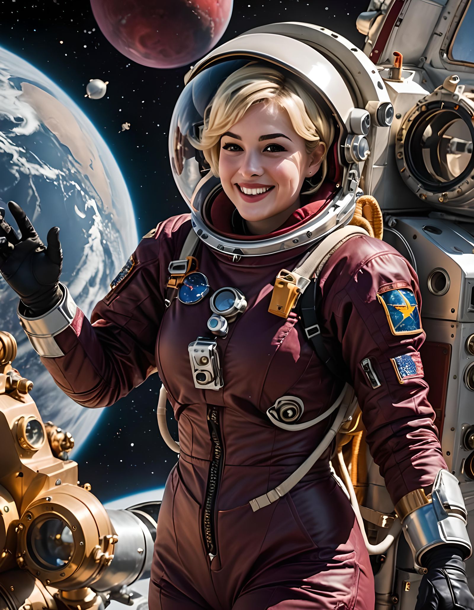 Blonde Astronaut Waving in Burgundy Spacesuit