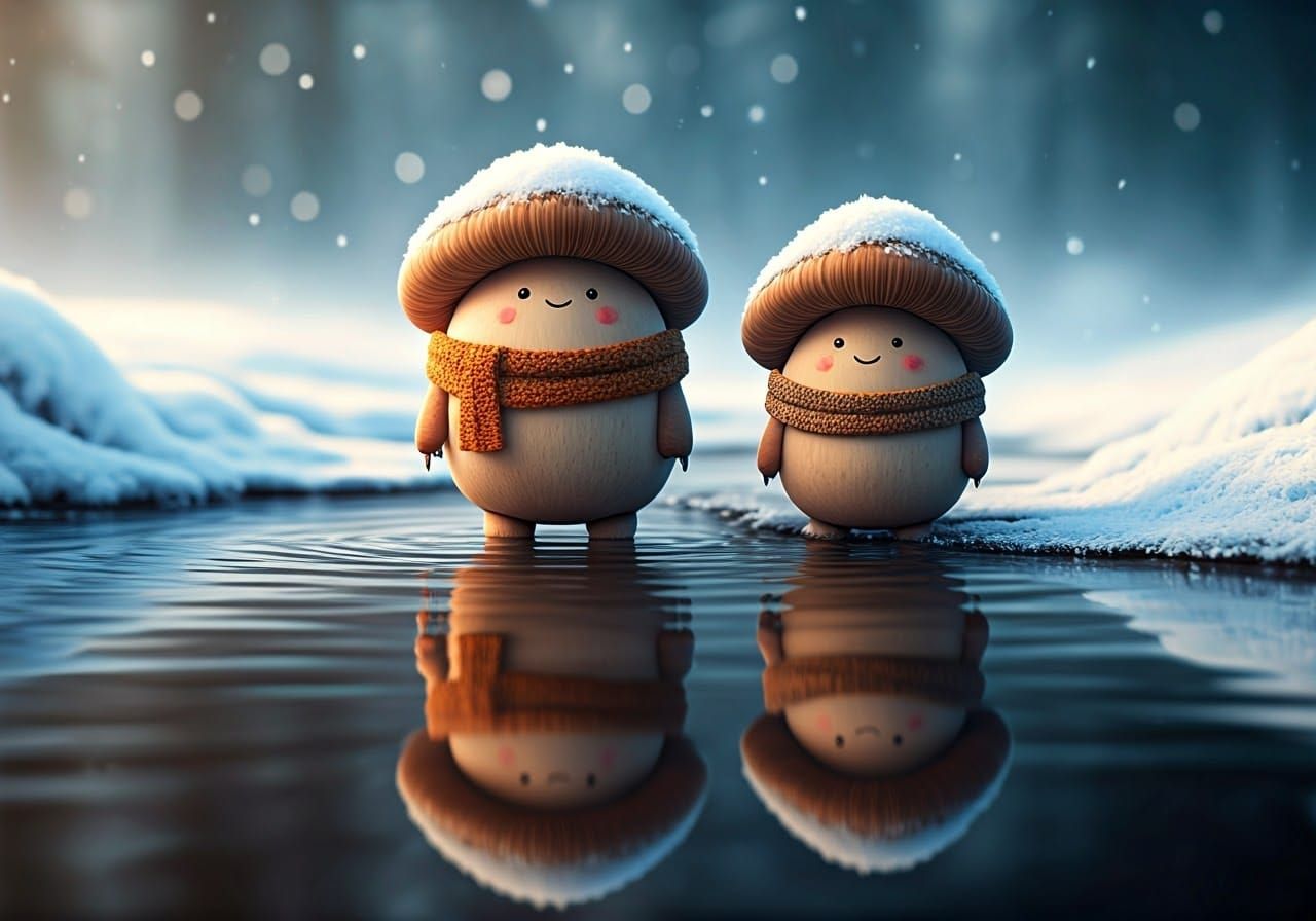 Whimsical Winter Mushroom Friends at the Frozen River's Edge