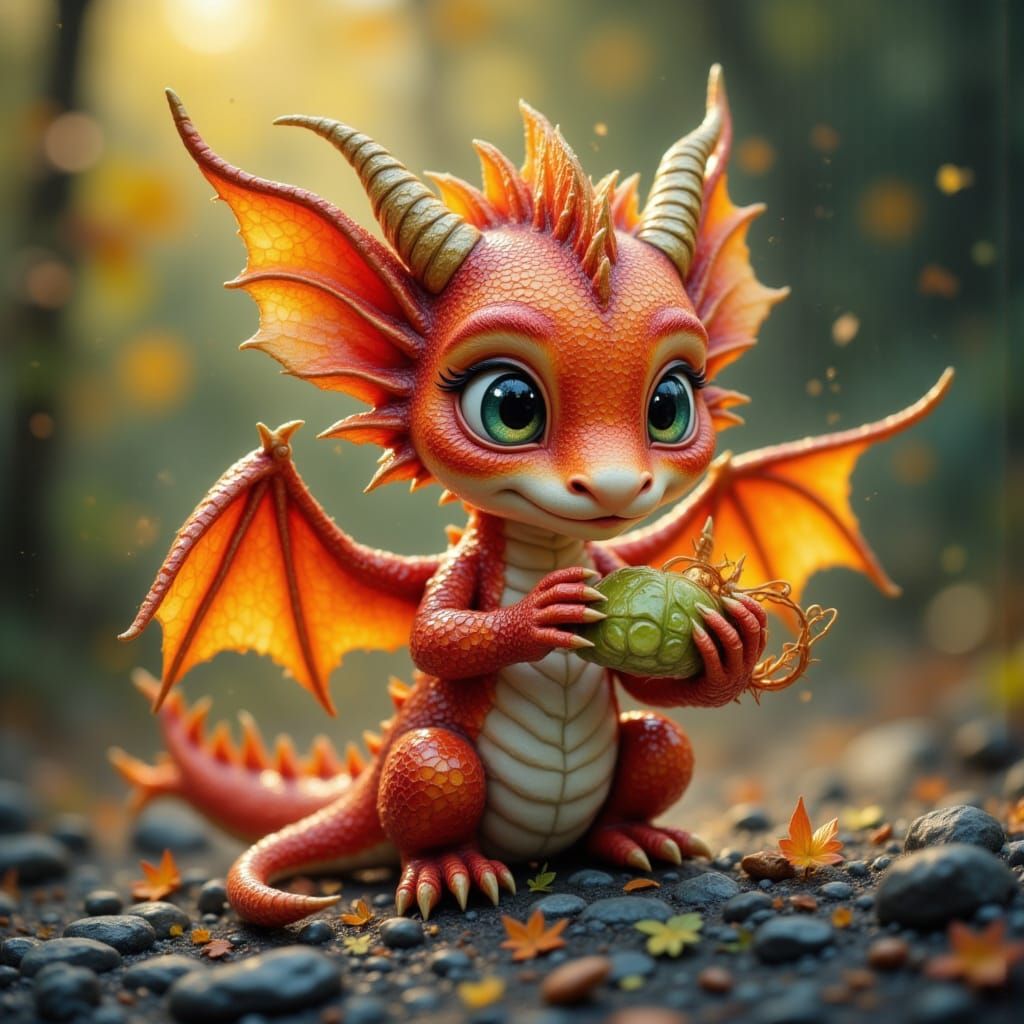 Baby Dragon Playing: Impasto Oil Painting