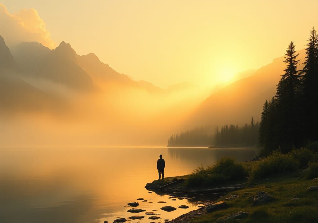 Serene Lake at Dawn: Romantic Landscape
