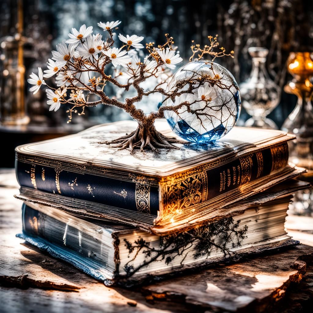 Disintegrating Book and Tree with Flowers in Cosmos