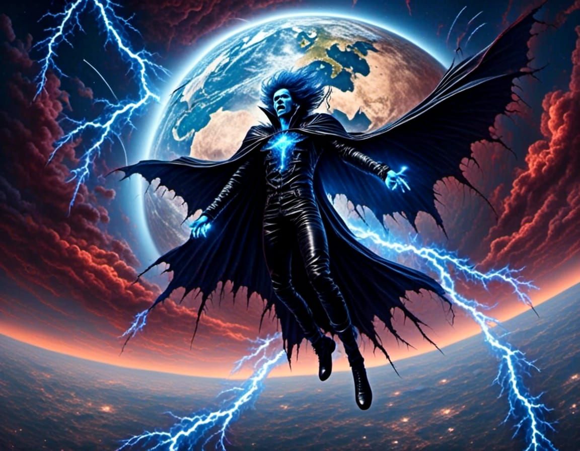 leather-clad space vampire flying towards earth