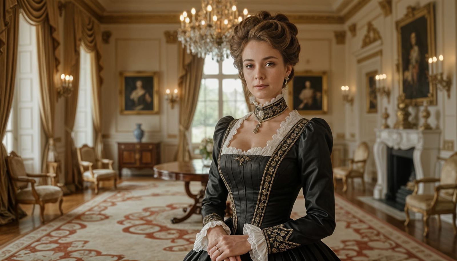 Elegant Victorian Woman in Palace, Ultra-Realistic Detail