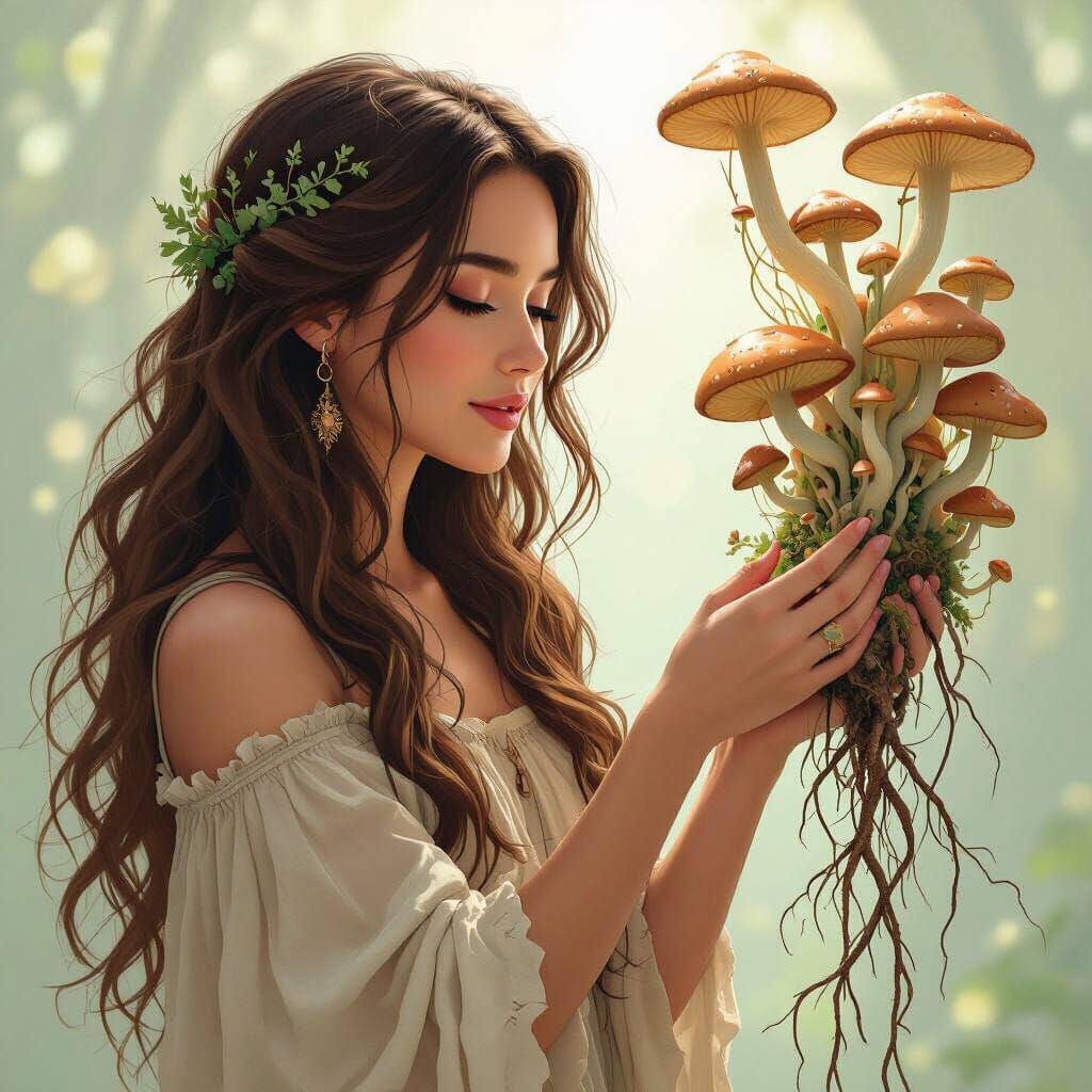Mystical Woman Connects with Mycelium in Organic Style