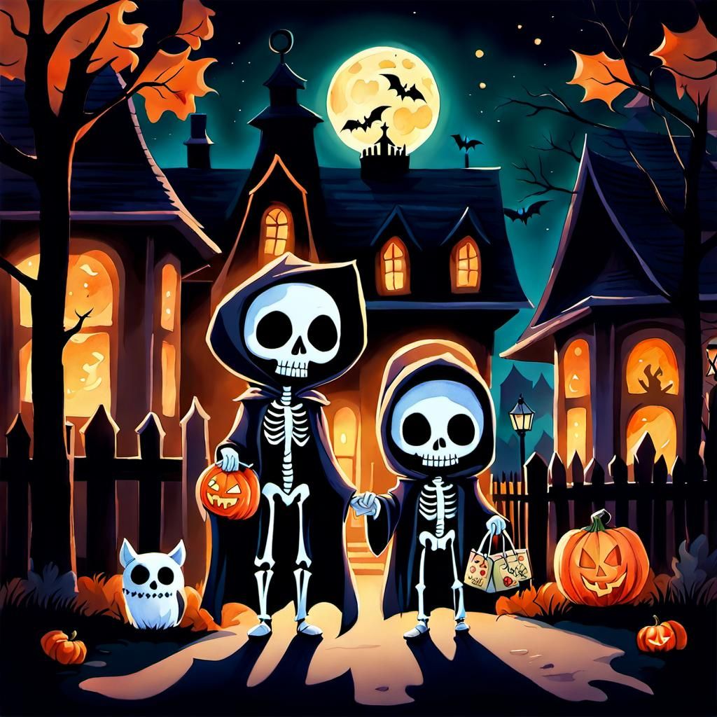 Chibi Halloween Trick-or-Treaters in Watercolor Style