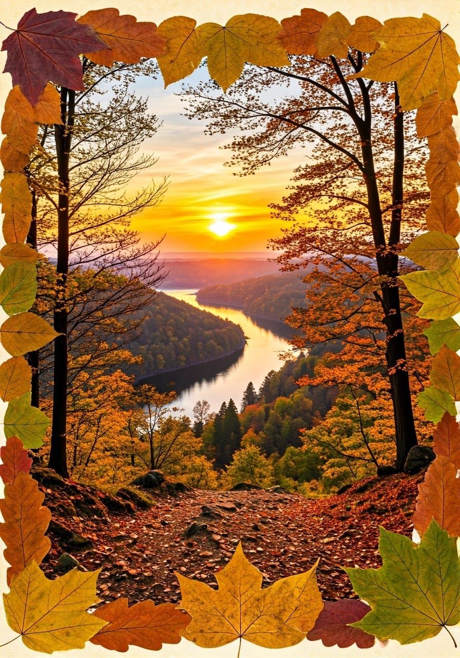 Autumn Leaf Collage Sunset Over National Park