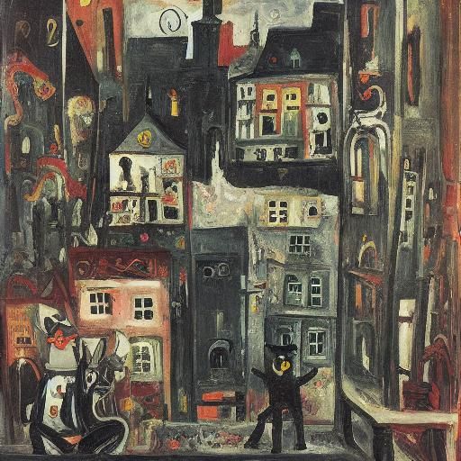 Surreal Masquerade Rabbit in Collapsed Cityscape