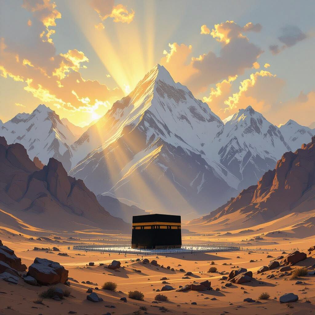 Desert Mountain Range with Kaaba in Golden Light