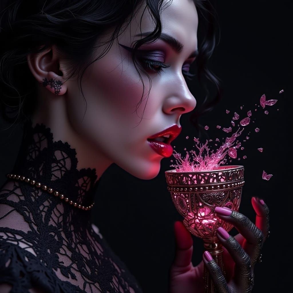 Biomechanical Gothic Femme Fatale with Rose-Gold Chains