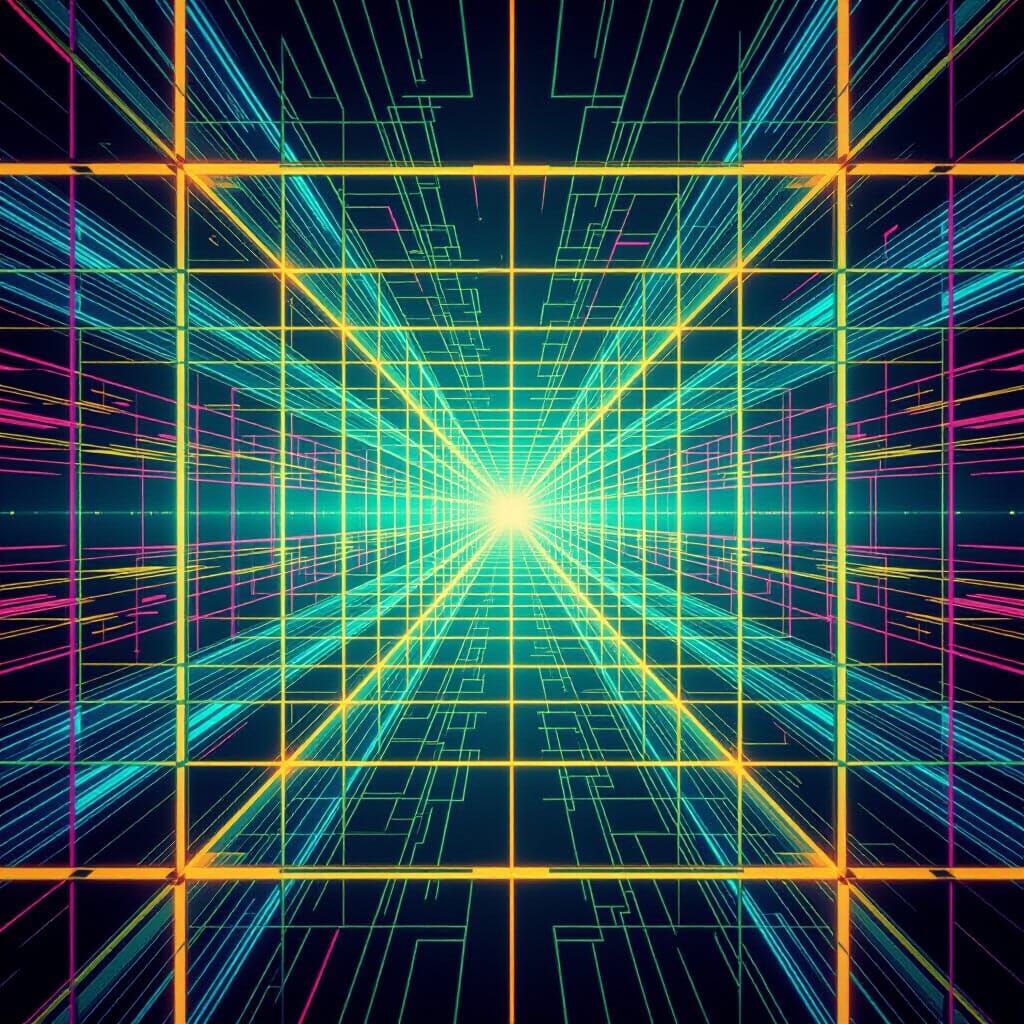 Abstract Neon Grid Optical Illusion in Glitch Art Style