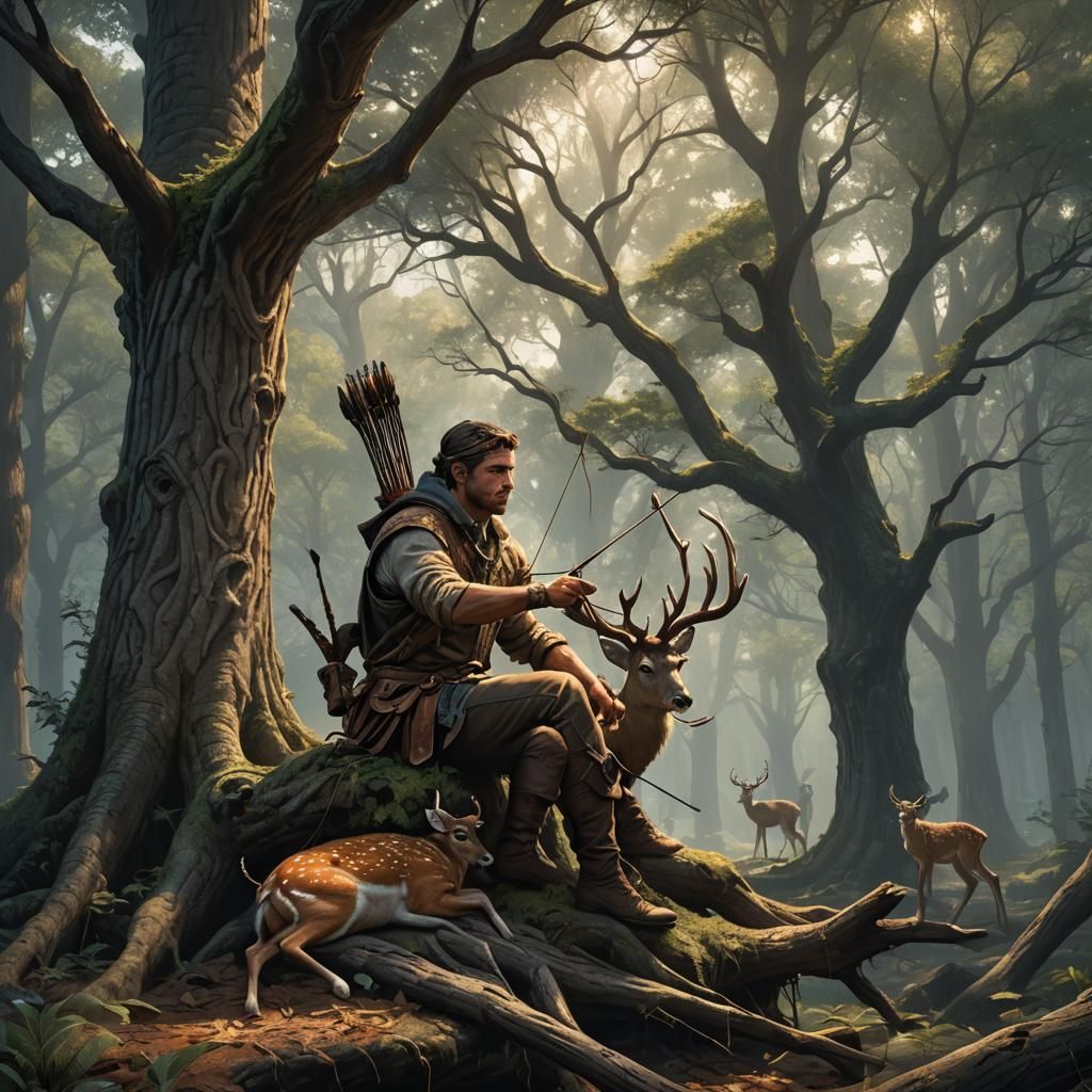 Archer in Tree with Deer: Dark Fantasy Concept Art
