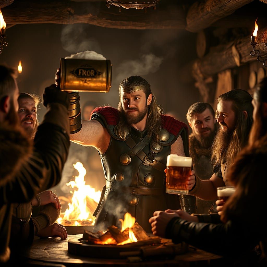 Thor Cheers with Rowdy Vikings in a Smoky Mead Hall