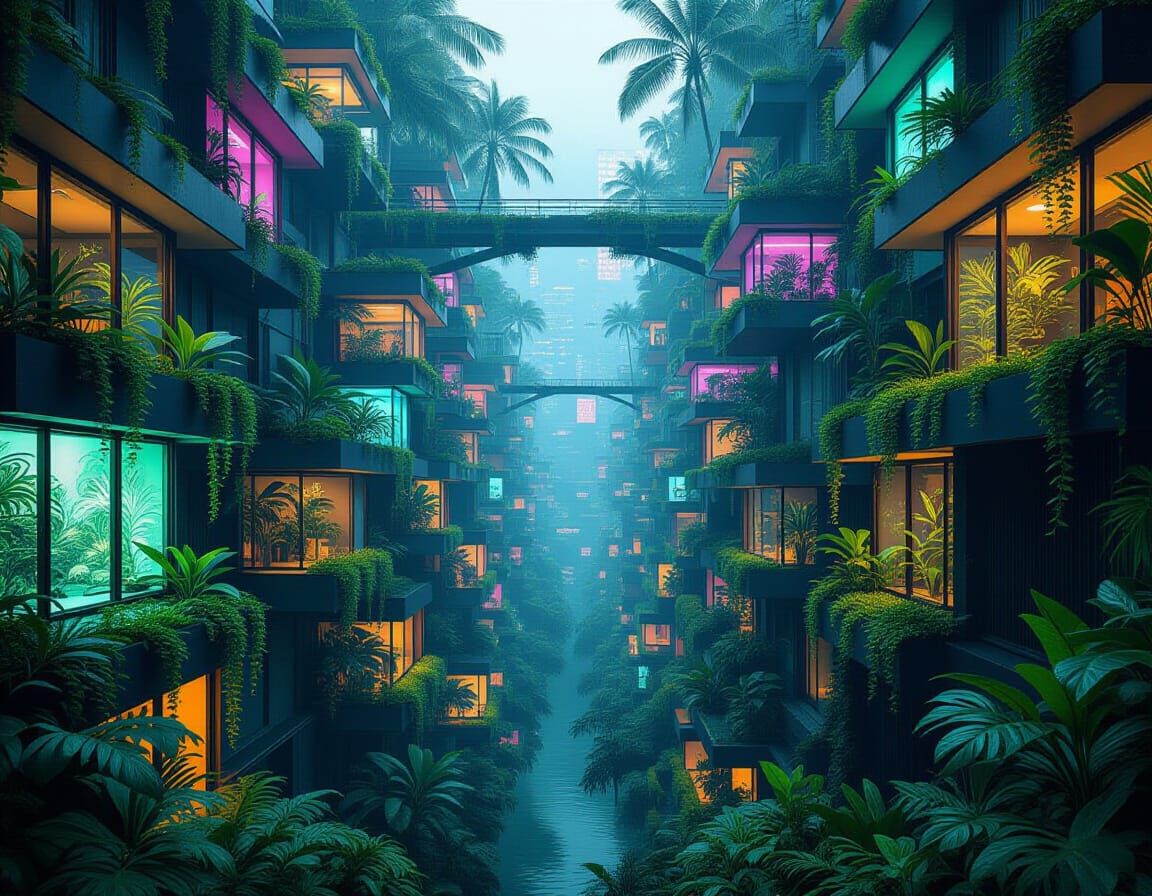 Cyberpunk Tropical Jungle Vertical Gardens Bioluminescent Gl...