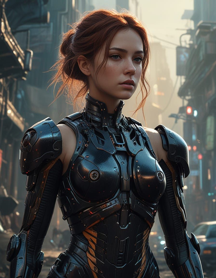 Woman Mechanic Fine-Tunes Battle Robot in Sci-Fi Style