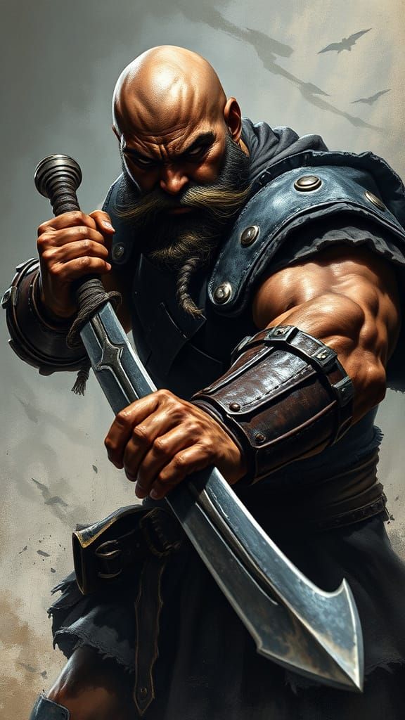Bald Black Warrior Wields Sword in Dramatic Fantasy Art Styl...