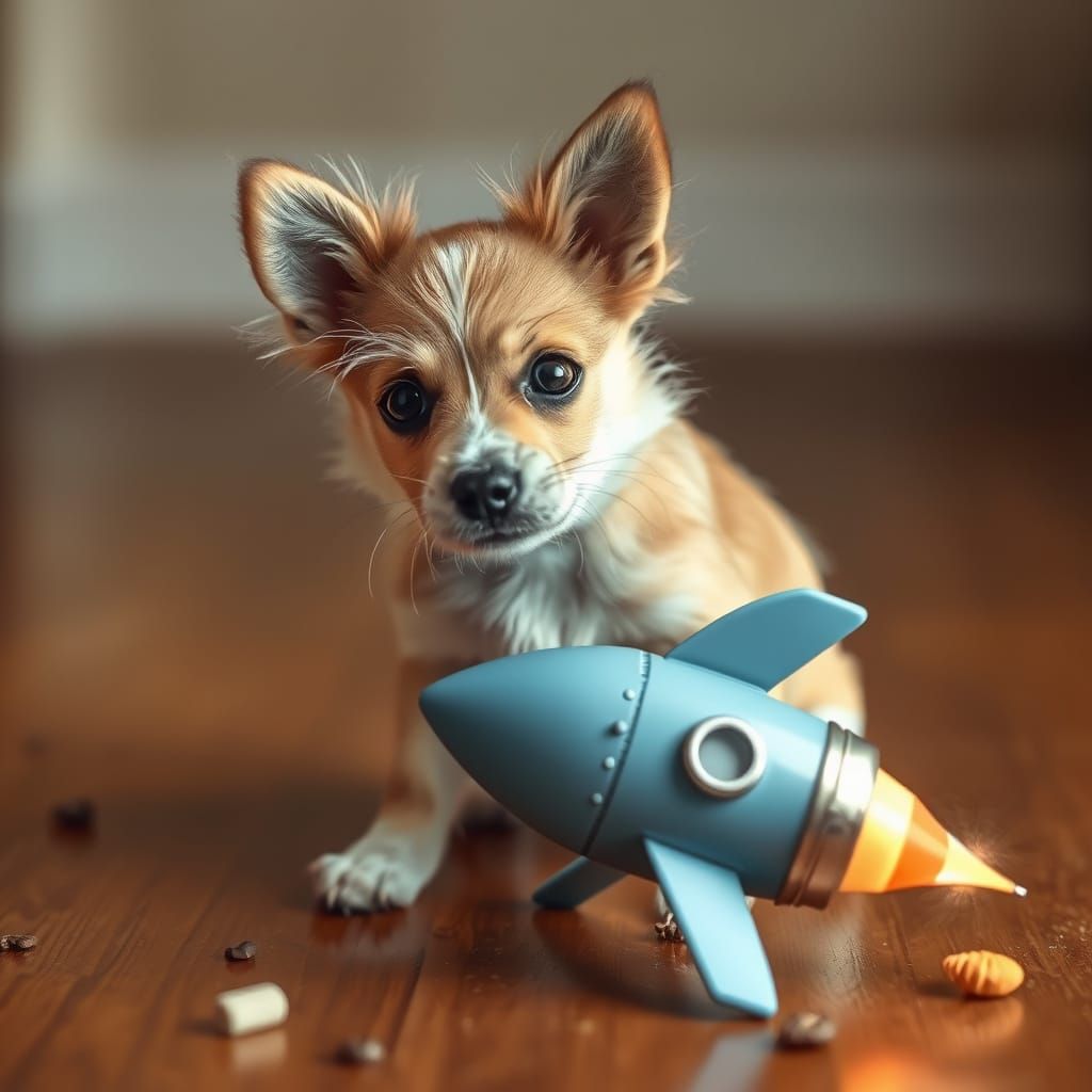 Dog Playing with Retro Rocket Ship