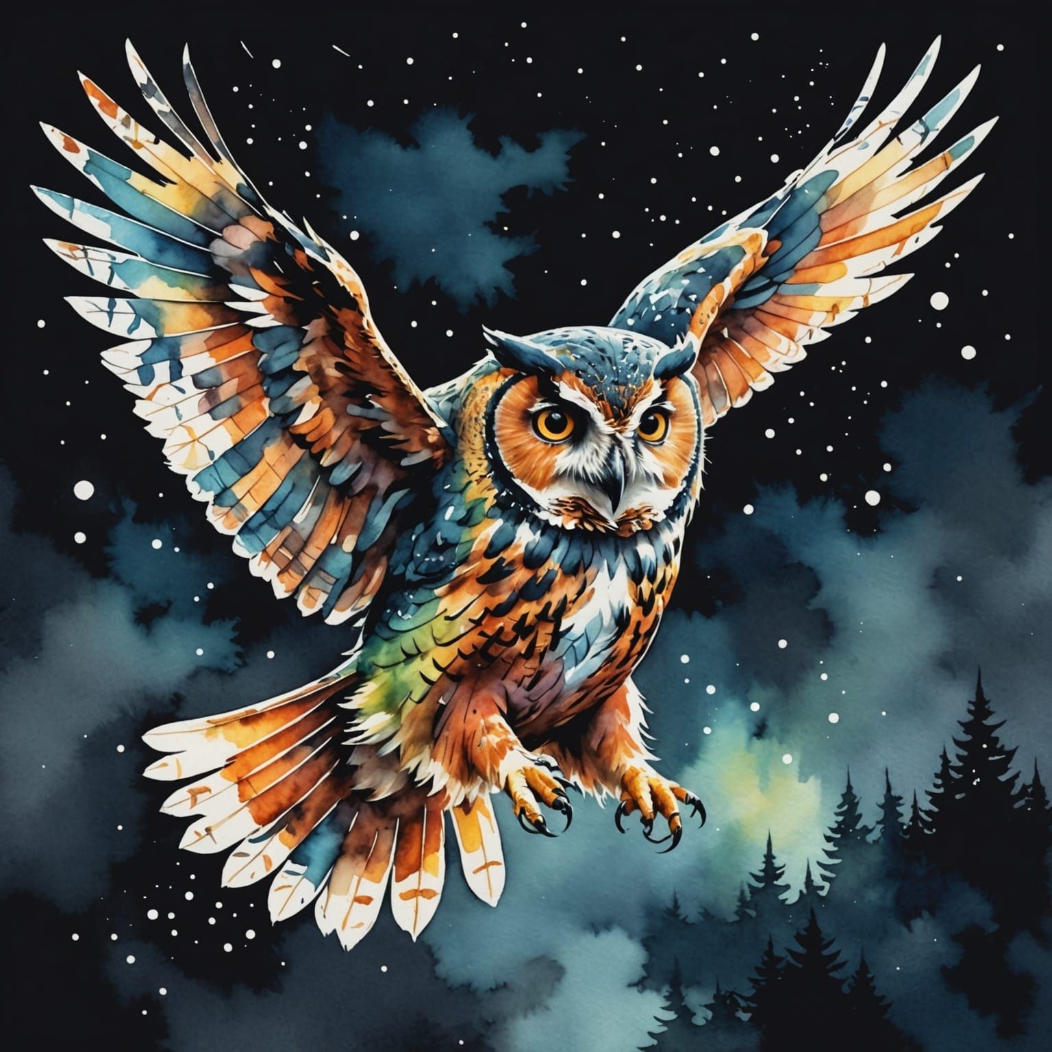 Moonlit Owl Takes Flight in Vibrant Watercolor