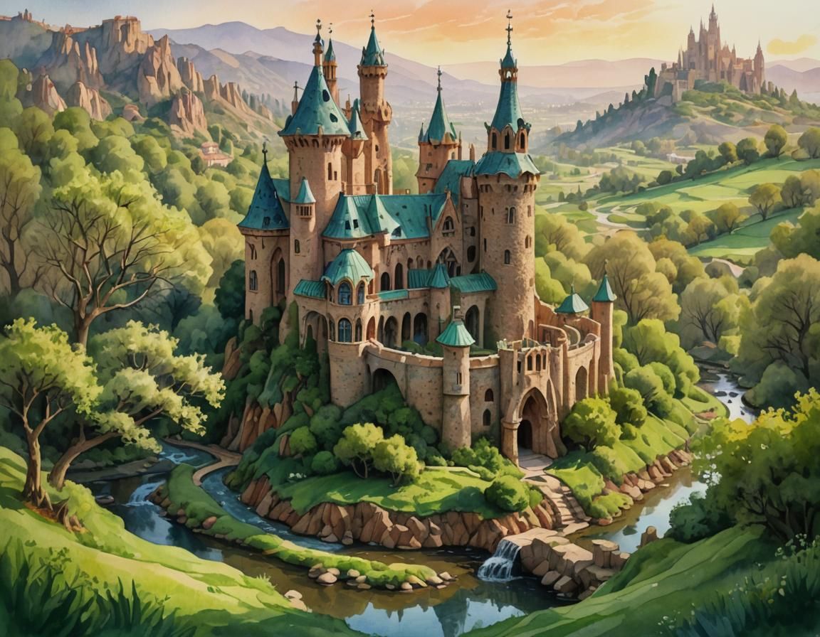 Gaudí-esque Castle in Spring Landscape, Watercolor Art