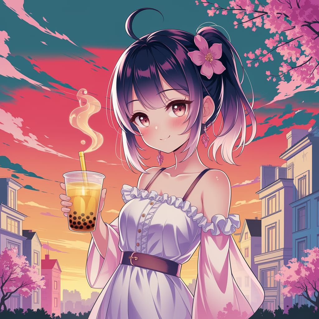 Anime Girl with Boba Tea at Sunset