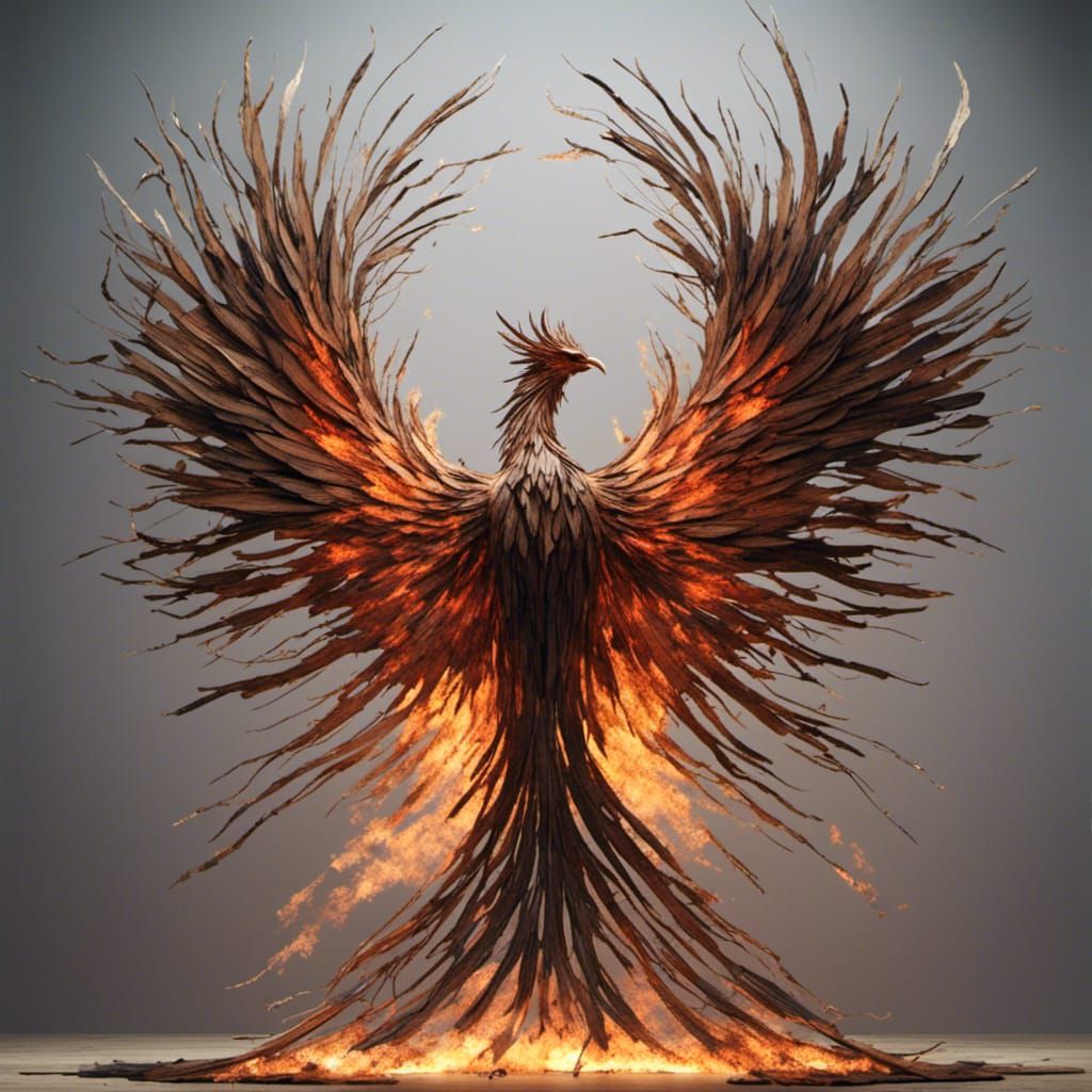 Fiery Wooden Phoenix with Outstretched Wings